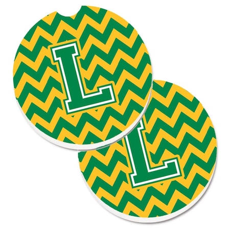 Carolines Treasures Letter L Chevron Green and Gold Set of 2 Cup Holder Car Coaster CJ1059-LCARC